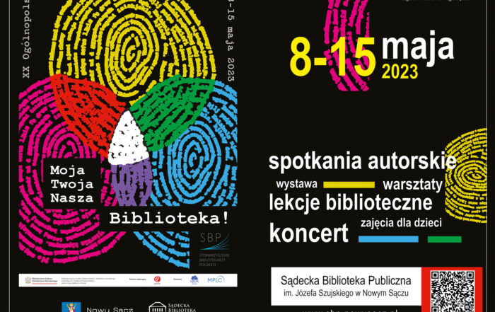 Po lewej stronie na czarnym tle okręgi przypominające odcisk palca w różnych kolorach. Kolory żółty, różowy i niebieski nachodzą na siebie tworząc nowe kolory: biały, czerwony, zielony. Po prawej stronie napisy: Spotkania autorskie, wystawa, warsztaty, lekcje biblioteczne, zajęcia dla dzieci, koncert.