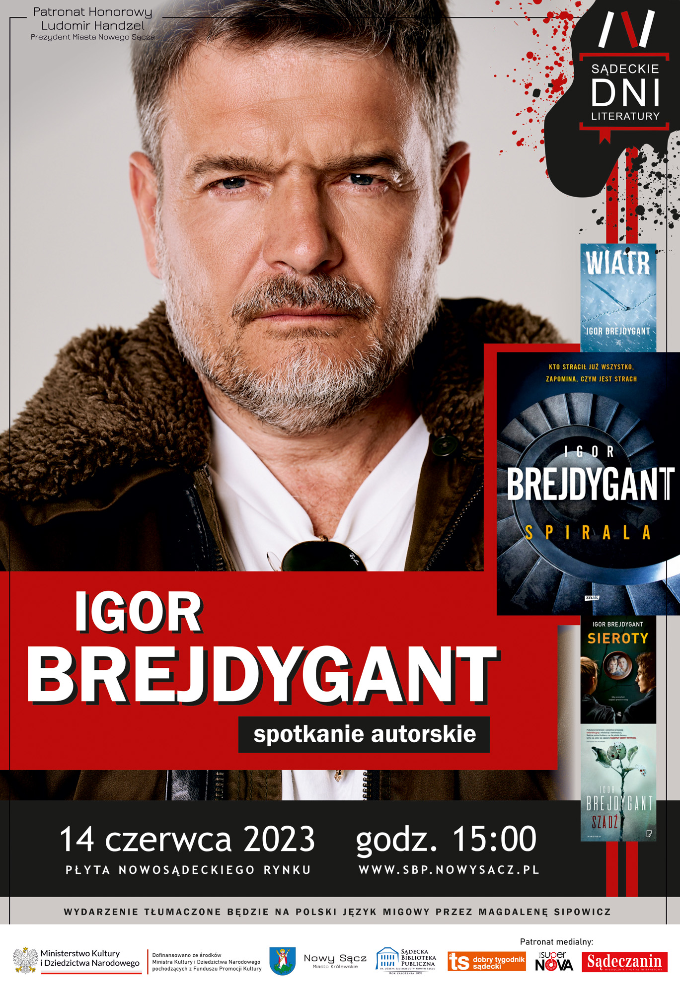 Portret mężczyzny z groźną mina i przymrużonymi oczami. Na dole na czerwonym tle duży napis "Igor Brejdygant". Obok, po prawej stronie, okładki książek.