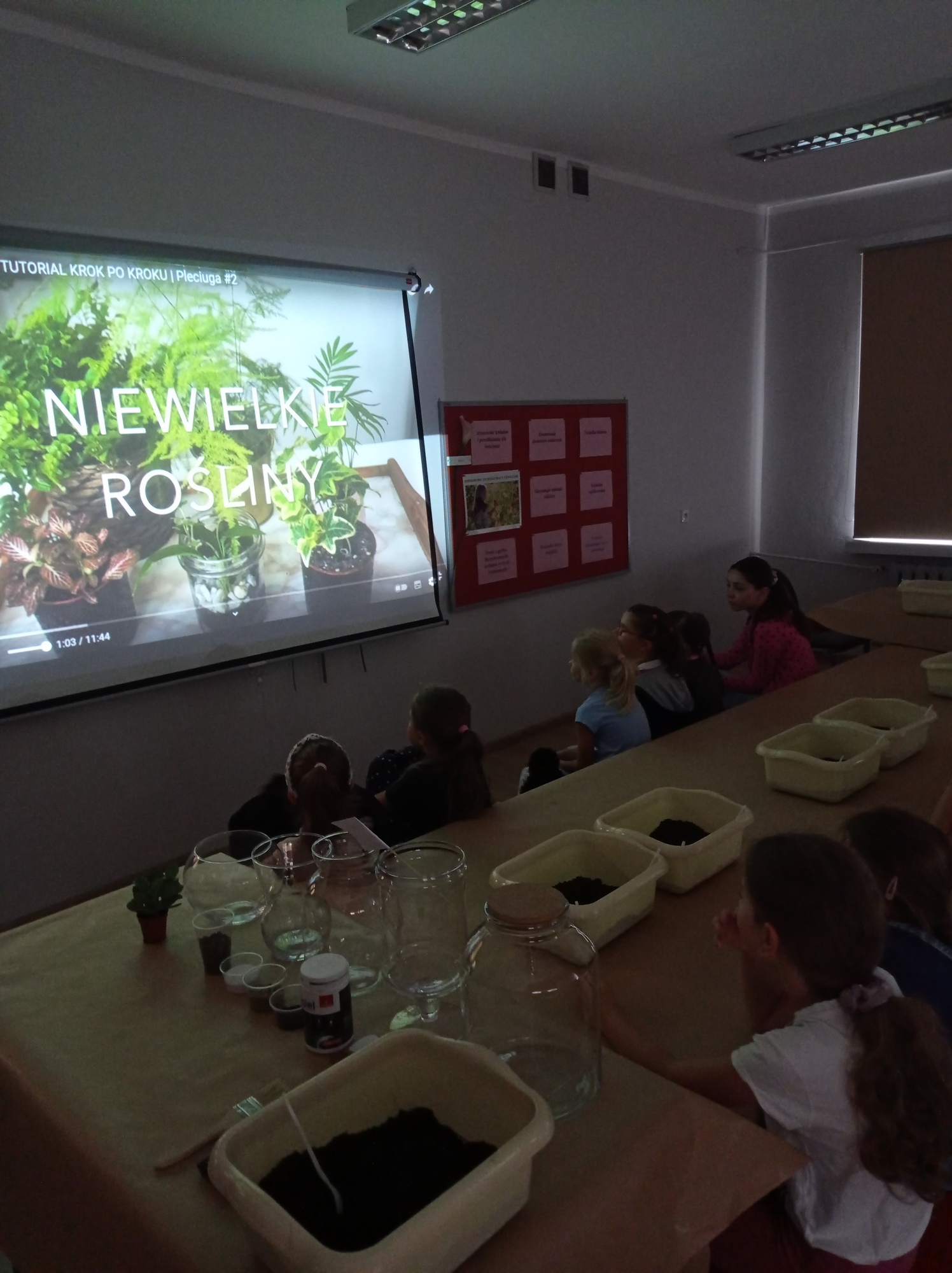 Warsztaty florystyczne_4 W pomieszczeniu siedzi grupa 9 osób. Przed nimi na ścianie wielki ekran, a na nim wyświetla się filmik.