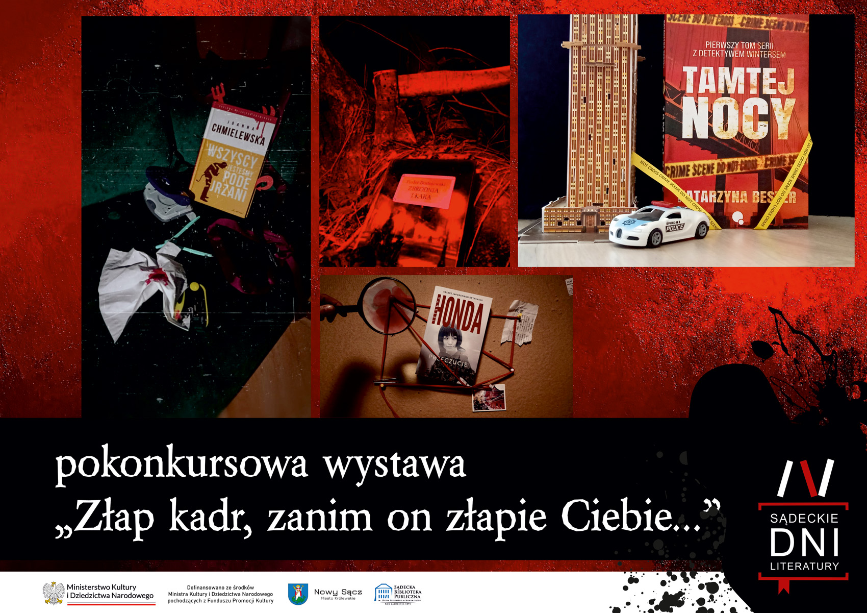 Zdjęcie. kilka kadrów. Na wszystkich motyw przewodni to książki. Na dole ramki znajdują się napisy, konkurs fotograficzny Złap kadr, znam on złapie Ciebie. W prawym dolnym rogu znajduje się logo oraz napis Sądeckie Dni Literatury. Na dole ramki na białym tle znajduje się logo ministerstwo kultury i dziedzictwa narodowego, napis sfinansowano ze środków Ministerstwa Kultury i Dziedzictwa Narodowego pochodzących z Funduszu Promocji Kultury, Logotyp Nowego Sącza oraz Logotyp Sądeckiej Biblioteki Publicznej.