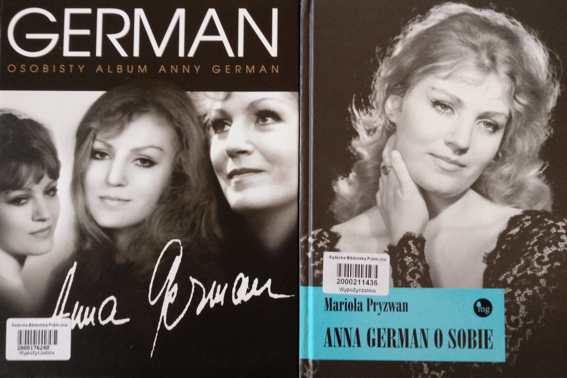 Dwie książki położone obok siebie. Tytuły książek od lewej: Baranowska, Marzena - „German: osobisty album Anny German”; Pryzwan, Mariola - „Anna German o sobie”.
