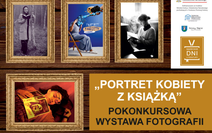 Baner. Tytuł: "Portret kobiety z książką" Pokonkursowa wystawa fotografii. Wyżej cztery zdjęcia dziewczyn w złotych ramach.