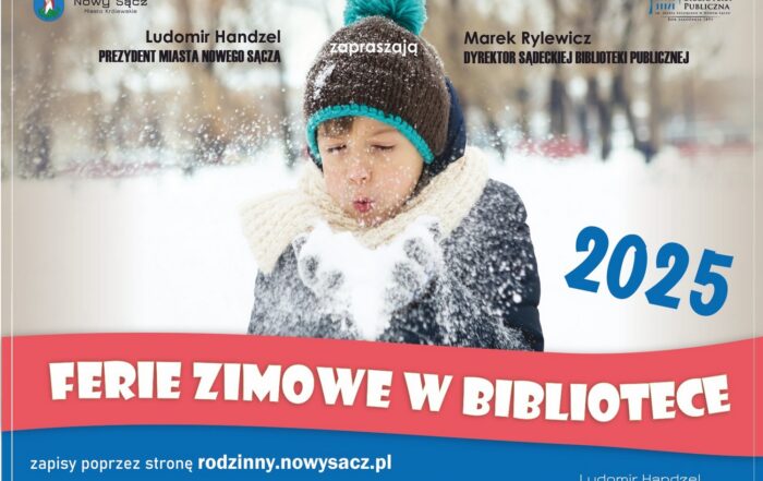 Baner - Ferie zimowe w bibliotece. Chłopiec w zimowej czapce, szaliku i kurtce rozdmuchuje śnieg. Za nim śnieżna sceneria. Po prawej dopisek 2025.