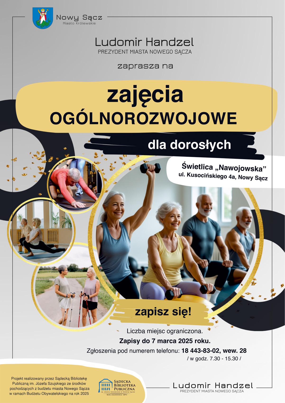 Plakat. Na środku cztery grafiki w okręgach. Starci ludzi ćwiczą. Tytuł: zajęcia ogólnorozwojowe dla dorosłych.