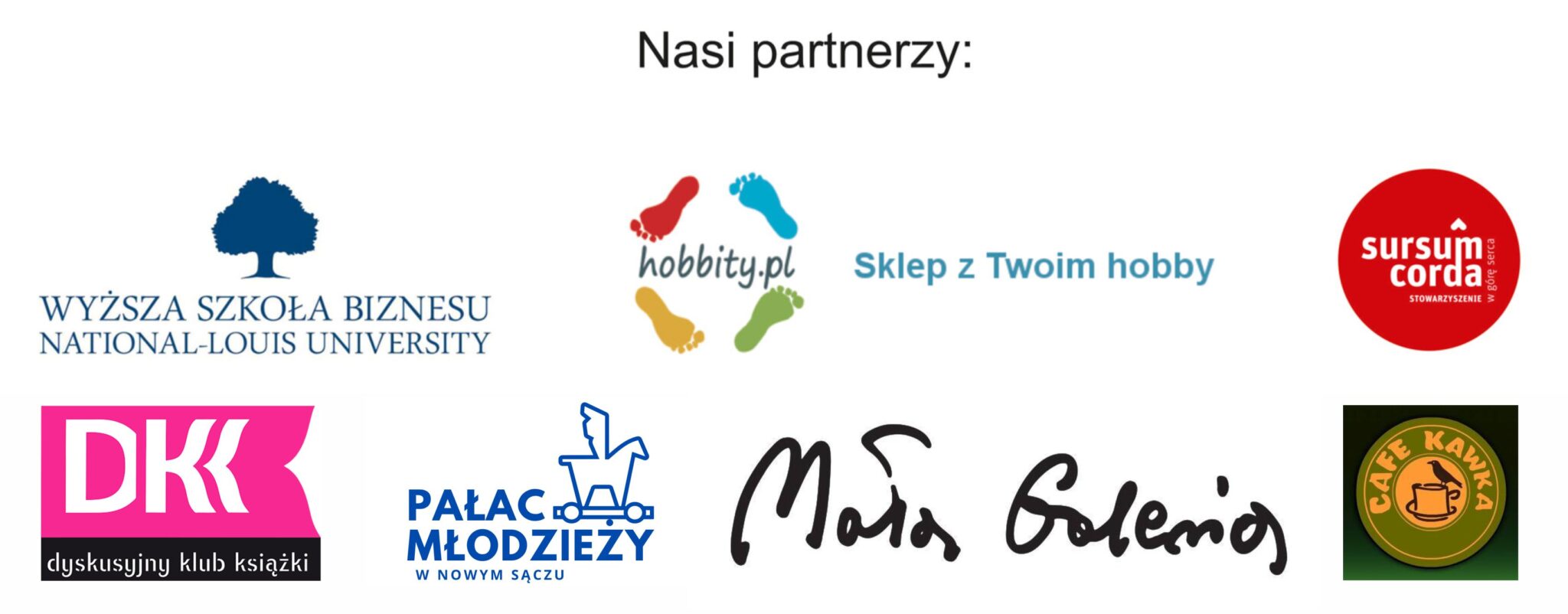 logotypy gra Prostokątna pozioma grafika z logotypami partnerów biblioteki. Kolorowe grafiki umieszczone są pod napisem NASI PARTNERZY na białym tle.