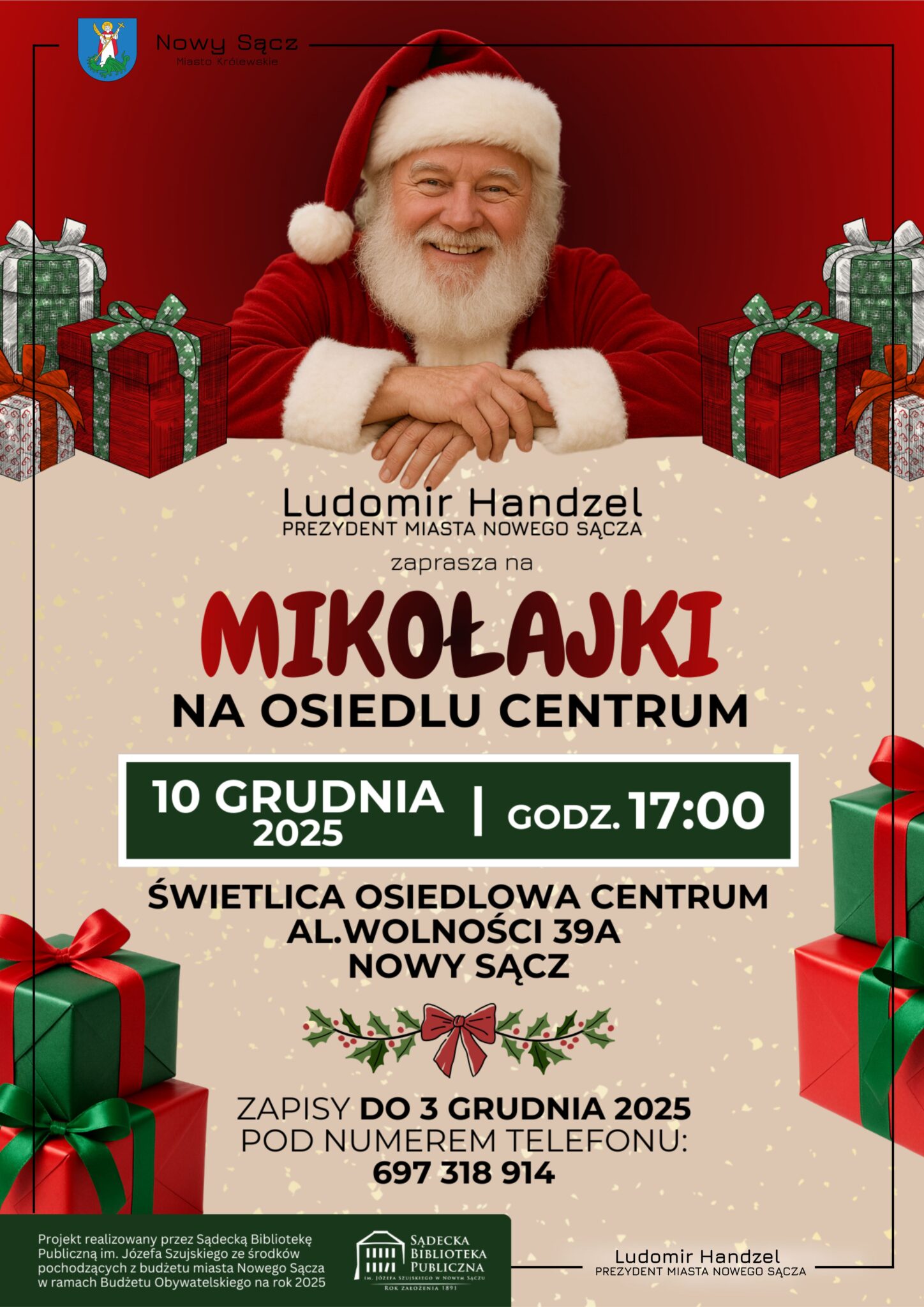 Mikołajki – centrum (1) Plakat mikołajkowy. Na grafice Mikołaj i dużo czerwono-zielonych prezentów.