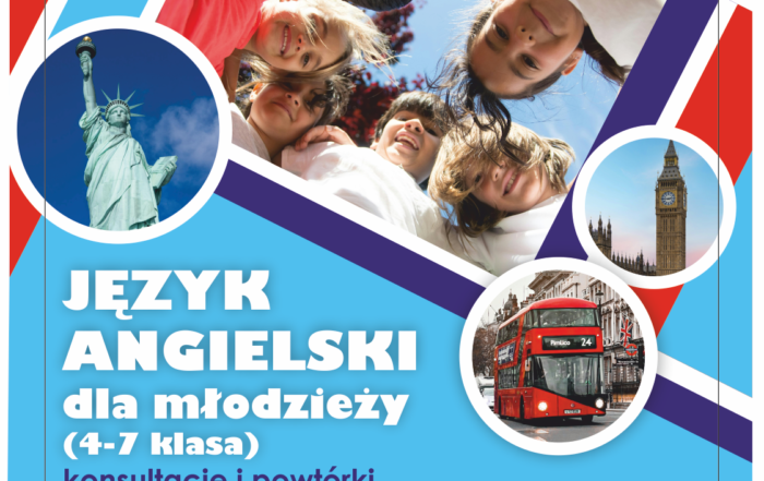Plakat. Pośrodku zdjęcia grupy uśmiechniętych dzieci, Big Bena, czerwonego autobusu i Statuy Wolności. W tle czerwone, granatowe, białe i niebieskie pasy. U dołu napisy i informacje: język angielski dla młodzieży - konsultacje i powtórki, daty spotkań, adres Oddziału dla Dzieci i Młodzieży, logotyp biblioteki, herb Nowego Sącza.
