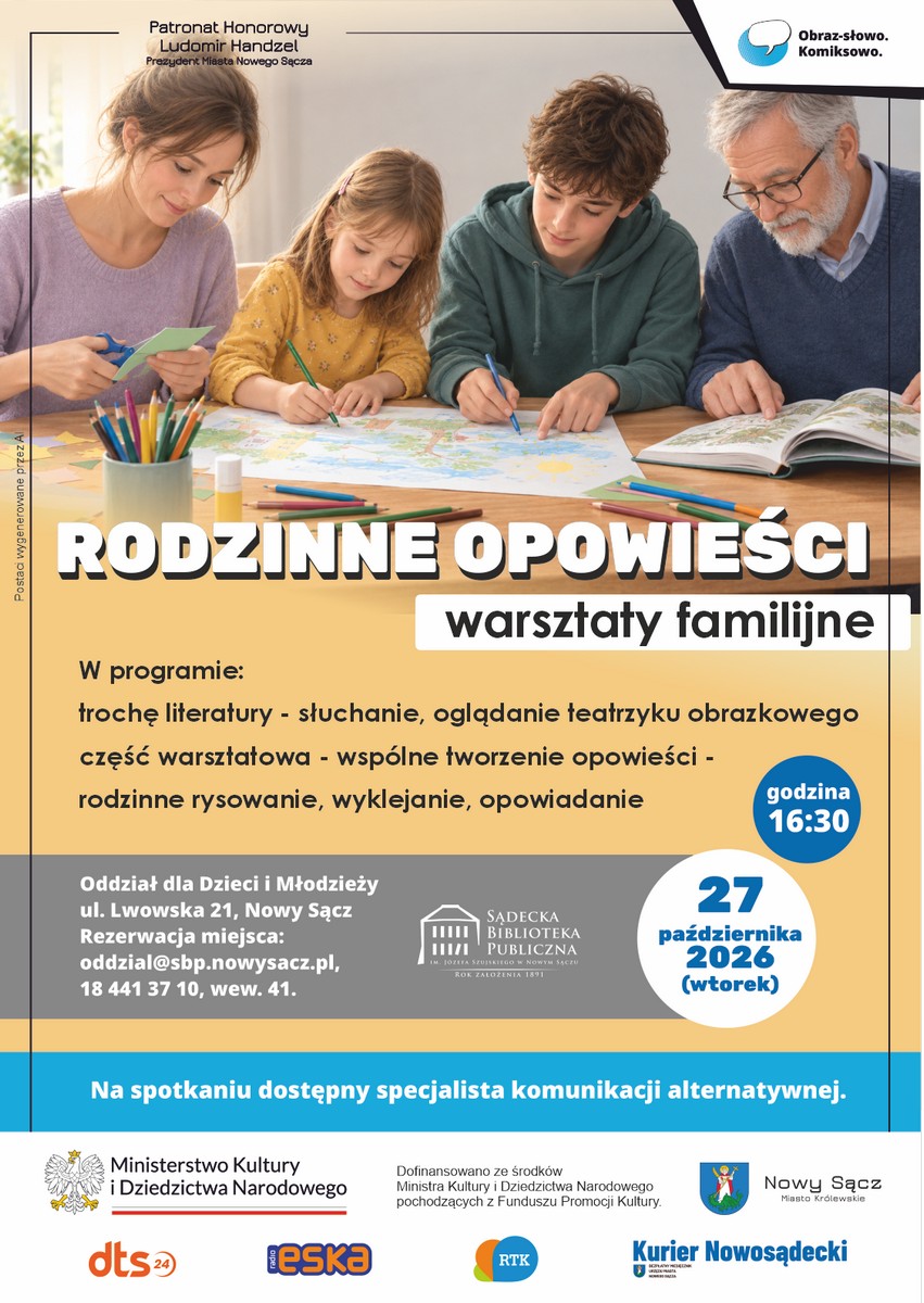 Plakat informujący o warsztatach familijnych "Rodzinne opowieści". U góry obraz przedstawiający kobietę, mężczyznę i dwójkę dzieci tworzących przy stole wspólny obrazek. Poniżej tekst informujący o programie, dacie i miejscu wydarzenia: 27 października 2026, godz. 16.30, Oddział dla Dzieci i Młodzieży, Nowy Sącz. Na spotkaniu dostępny specjalista komunikacji alternatywnej. U dołu logotypy i informacja: dofinansowano ze środków Ministra Kultury i Dziedzictwa Narodowego pochodzących z Funduszu Promocji Kultury.